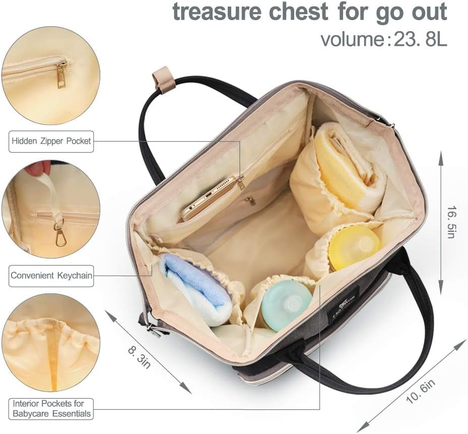 Diaper Bag Backpack, Multifunctional Baby Diaper Bag with Stroller Hooks, Stylish Baby Bag for Mom Dad, Gray Black
