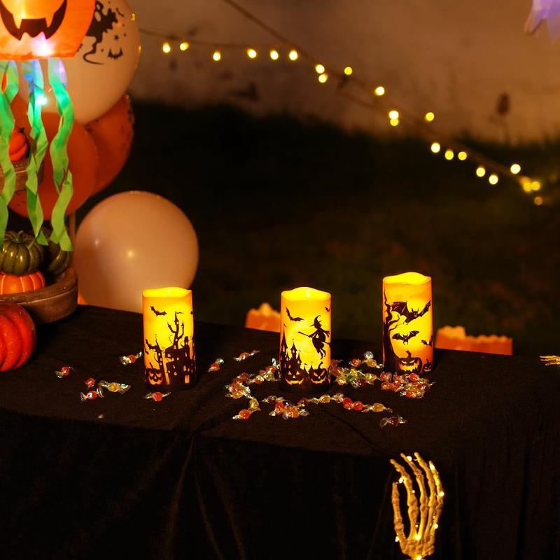 Halloween Candles, Orange Flameless Candles, Battery Operated LED Pillar Candles with Remote Timers for Halloween Decoration, Day of the Dead, Set of 3