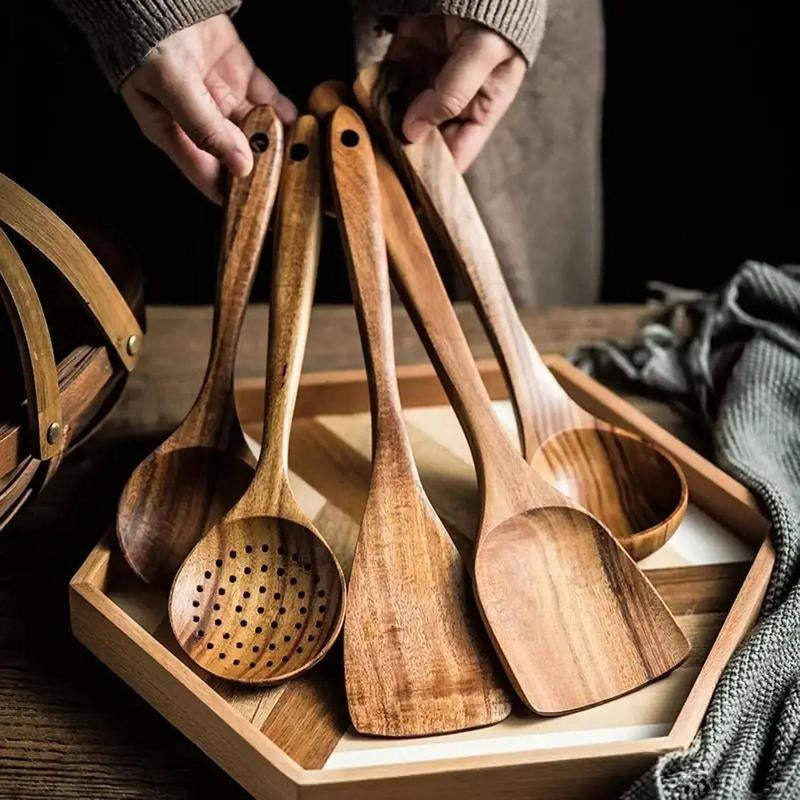 Kitchen Utensils Set,Kitchen 5-Piece Wooden Spoons for Cooking - Smooth Finish Teak Wooden Utensils for Cooking - Soft Comfort-Grip Wood Spoons for Cooking - Non-Stick Wooden Cooking Utensils - Wooden Spoon Sets