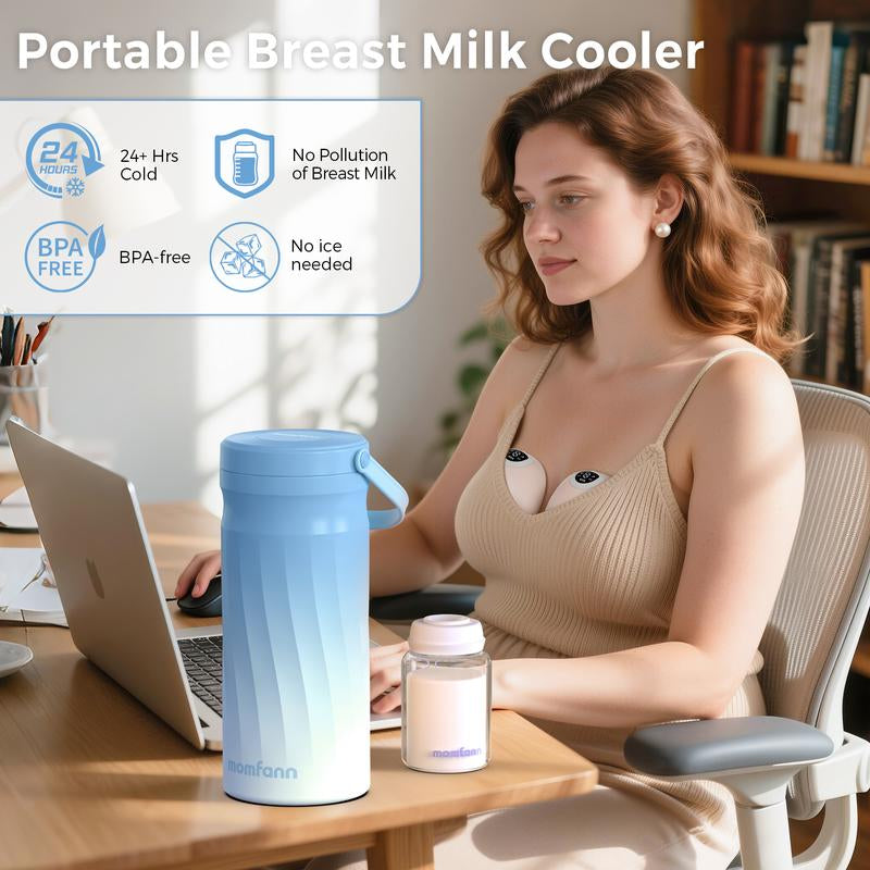 Momfann Portable Breast Milk Cooler for Outdoor,Stainless Steel Liner Breast Milk Cooler with 360° Total Cooling for 24 Hours,With Larger Capacity 2Pcs Baby Bottles for Travel