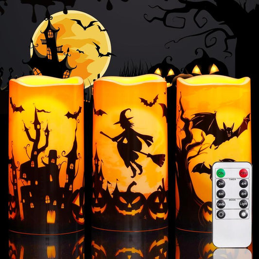 Halloween Candles, Orange Flameless Candles, Battery Operated LED Pillar Candles with Remote Timers for Halloween Decoration, Day of the Dead, Set of 3