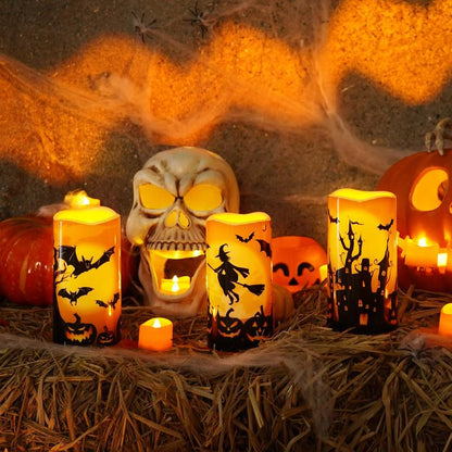 Halloween Candles, Orange Flameless Candles, Battery Operated LED Pillar Candles with Remote Timers for Halloween Decoration, Day of the Dead, Set of 3