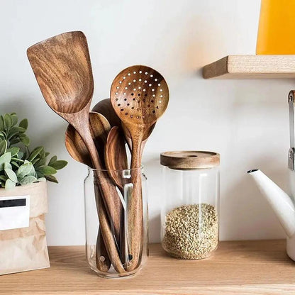 Kitchen Utensils Set，Kitchen 5-Piece Wooden Spoons for Cooking - Smooth Finish Teak Wooden Utensils for Cooking - Soft Comfort-Grip Wood Spoons for Cooking - Non-Stick Wooden Cooking Utensils - Wooden Spoon Sets