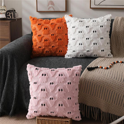 Set of 2- Halloween Pillow Covers 18X18 Inch White Ghost Throw Pillow Cases Soft Plush Faux Fur Wool Couch Cushion Case Bedroom Living Room Home Decor