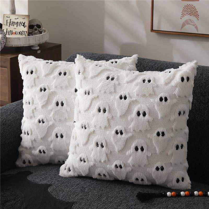 Set of 2- Halloween Pillow Covers 18X18 Inch White Ghost Throw Pillow Cases Soft Plush Faux Fur Wool Couch Cushion Case Bedroom Living Room Home Decor