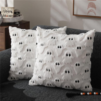 Set of 2- Halloween Pillow Covers 18X18 Inch White Ghost Throw Pillow Cases Soft Plush Faux Fur Wool Couch Cushion Case Bedroom Living Room Home Decor