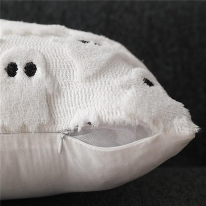 Set of 2- Halloween Pillow Covers 18X18 Inch White Ghost Throw Pillow Cases Soft Plush Faux Fur Wool Couch Cushion Case Bedroom Living Room Home Decor