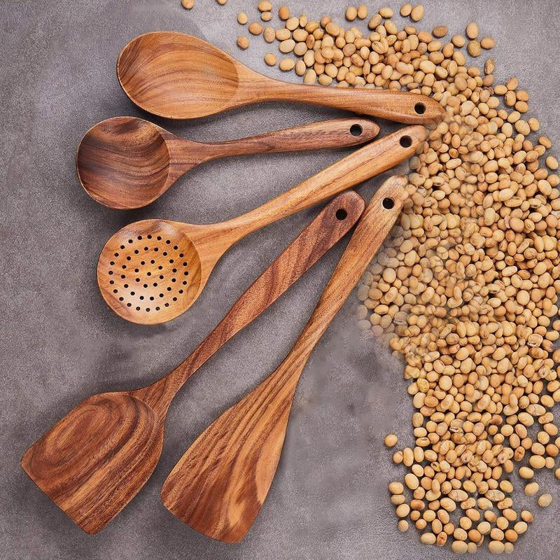 Kitchen Utensils Set，Kitchen 5-Piece Wooden Spoons for Cooking - Smooth Finish Teak Wooden Utensils for Cooking - Soft Comfort-Grip Wood Spoons for Cooking - Non-Stick Wooden Cooking Utensils - Wooden Spoon Sets