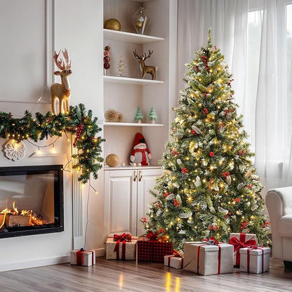 YITAHOME 6/7.5/9 Ft Prelit Snow Flocked/Pine Cones/White/Black/Green Artificial Full Christmas Tree, Christmas Pine Tree with Foldable Base for Home, Party Decoration