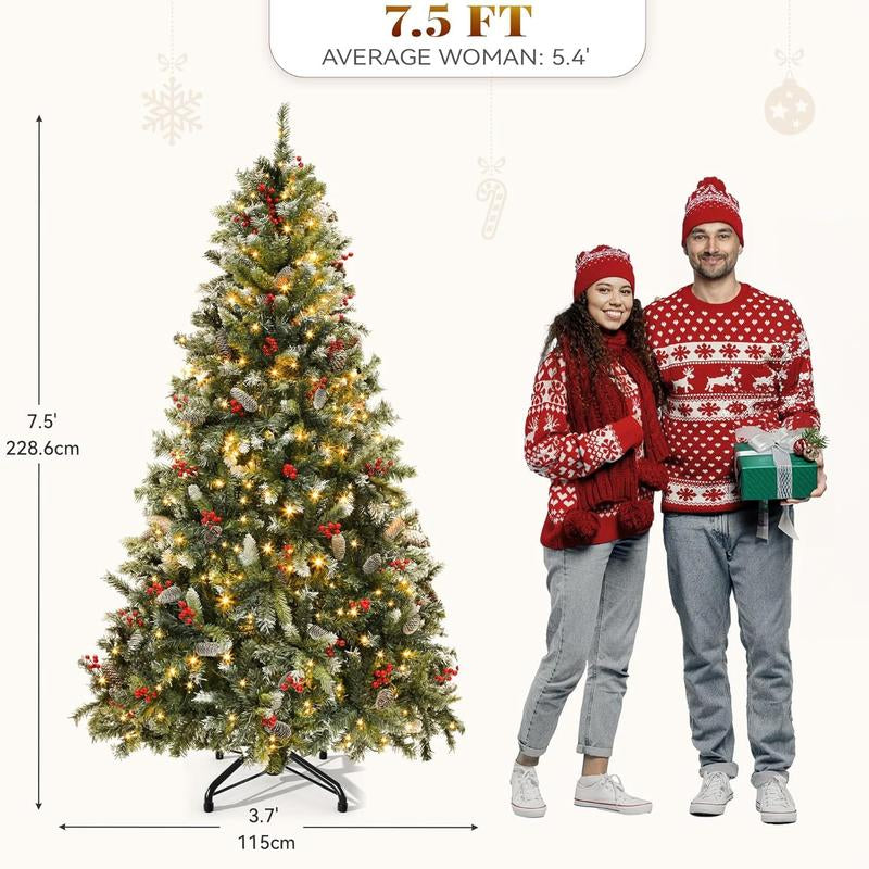 YITAHOME 6/7.5/9 Ft Prelit Snow Flocked/Pine Cones/White/Black/Green Artificial Full Christmas Tree, Christmas Pine Tree with Foldable Base for Home, Party Decoration