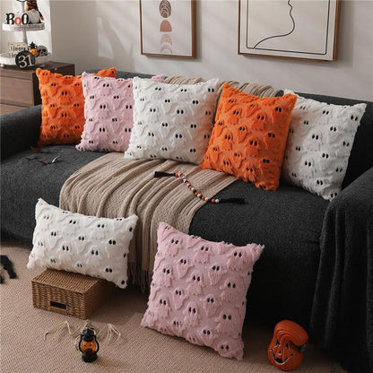 Set of 2- Halloween Pillow Covers 18X18 Inch White Ghost Throw Pillow Cases Soft Plush Faux Fur Wool Couch Cushion Case Bedroom Living Room Home Decor