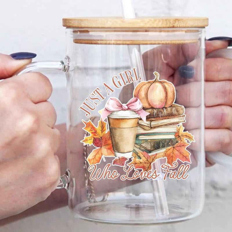 Sip-Sip Hooray! 17Oz Fall Glass Mug – Pumpkin Spice Aesthetic Cup with Lid & Straw, Falltok Iced Coffee Tumbler, Reusable & Portable Drinkware**