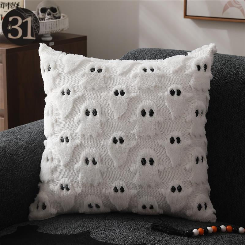 Set of 2- Halloween Pillow Covers 18X18 Inch White Ghost Throw Pillow Cases Soft Plush Faux Fur Wool Couch Cushion Case Bedroom Living Room Home Decor