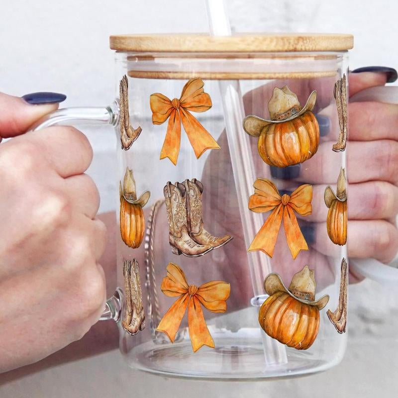 Sip-Sip Hooray! 17Oz Fall Glass Mug – Pumpkin Spice Aesthetic Cup with Lid & Straw, Falltok Iced Coffee Tumbler, Reusable & Portable Drinkware**