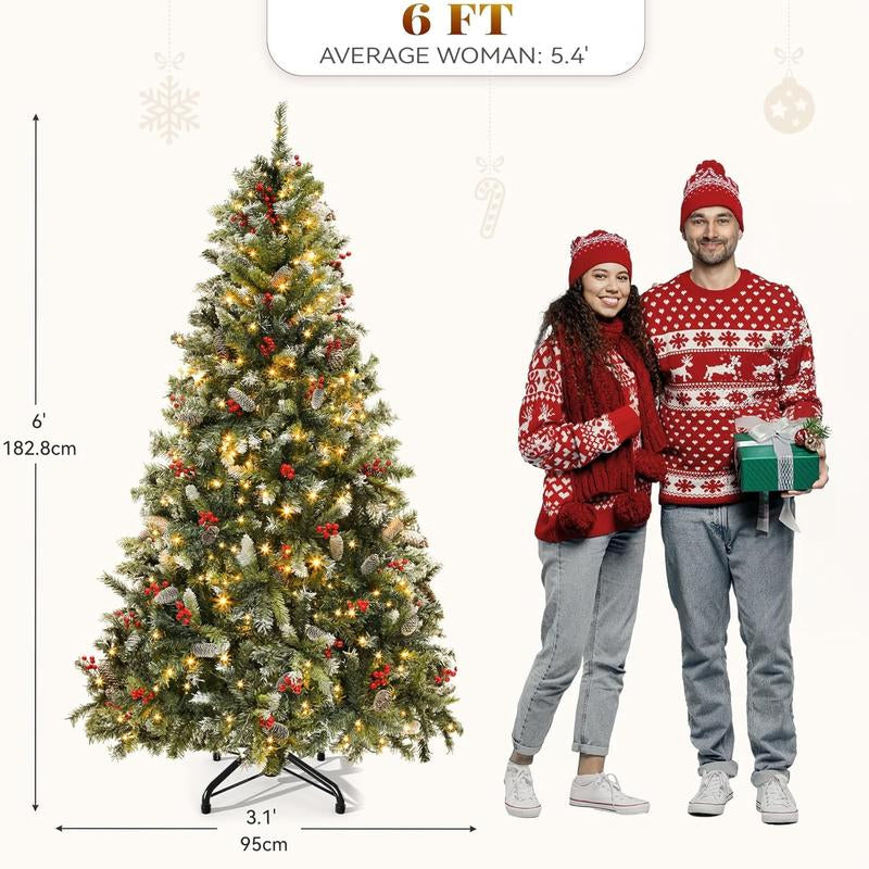YITAHOME 6/7.5/9 Ft Prelit Snow Flocked/Pine Cones/White/Black/Green Artificial Full Christmas Tree, Christmas Pine Tree with Foldable Base for Home, Party Decoration