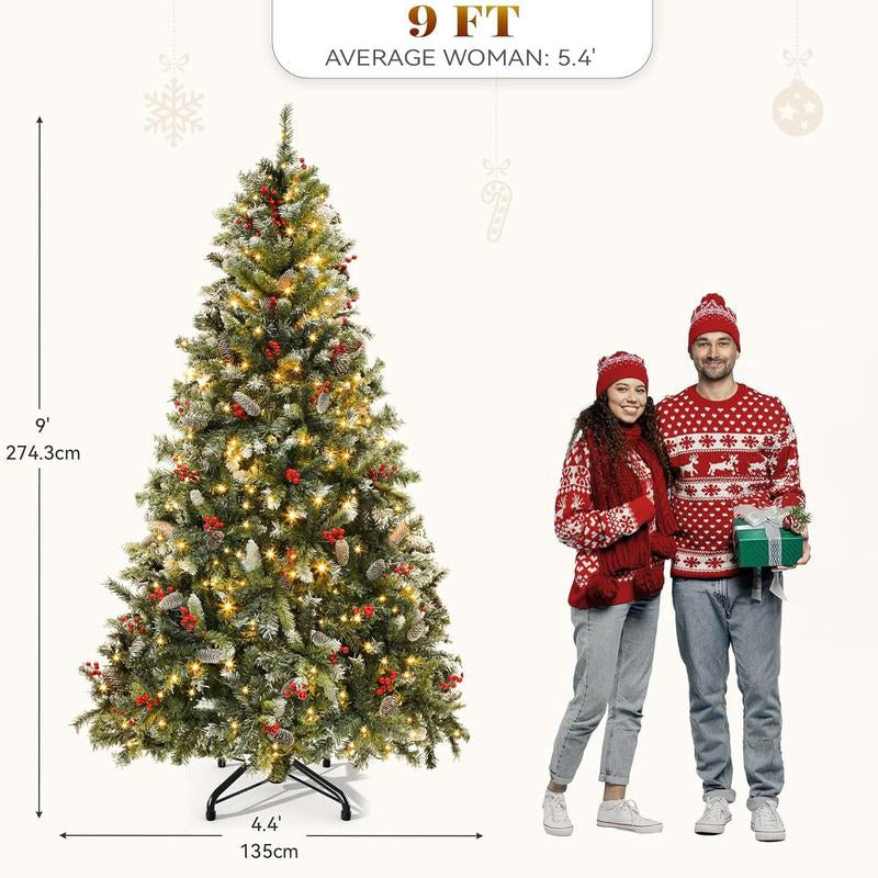 YITAHOME 6/7.5/9 Ft Prelit Snow Flocked/Pine Cones/White/Black/Green Artificial Full Christmas Tree, Christmas Pine Tree with Foldable Base for Home, Party Decoration