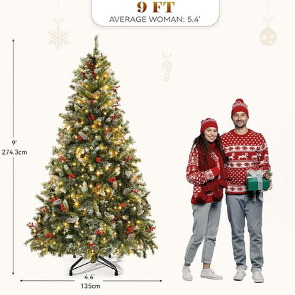 YITAHOME 6/7.5/9 Ft Prelit Snow Flocked/Pine Cones/White/Black/Green Artificial Full Christmas Tree, Christmas Pine Tree with Foldable Base for Home, Party Decoration