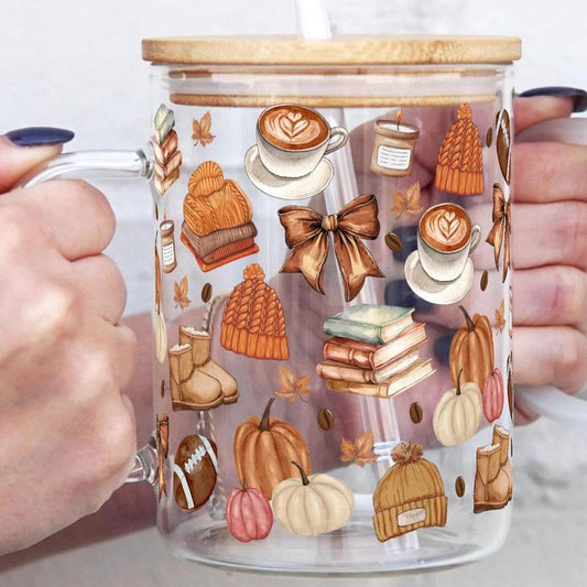 Sip-Sip Hooray! 17Oz Fall Glass Mug – Pumpkin Spice Aesthetic Cup with Lid & Straw, Falltok Iced Coffee Tumbler, Reusable & Portable Drinkware**