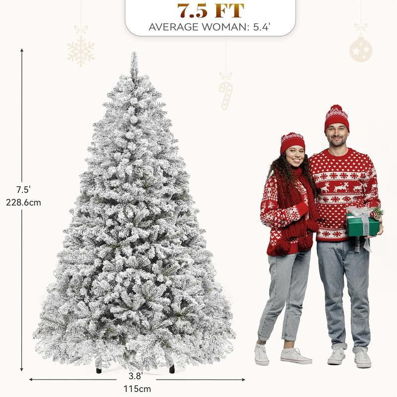 YITAHOME 6/7.5/9 Ft Prelit Snow Flocked/Pine Cones/White/Black/Green Artificial Full Christmas Tree, Christmas Pine Tree with Foldable Base for Home, Party Decoration