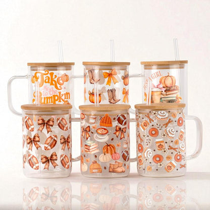 Sip-Sip Hooray! 17Oz Fall Glass Mug – Pumpkin Spice Aesthetic Cup with Lid & Straw, Falltok Iced Coffee Tumbler, Reusable & Portable Drinkware**