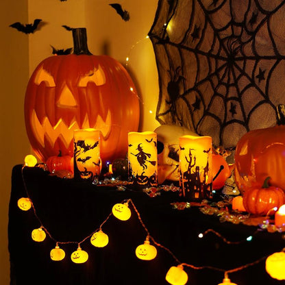 Halloween Candles, Orange Flameless Candles, Battery Operated LED Pillar Candles with Remote Timers for Halloween Decoration, Day of the Dead, Set of 3