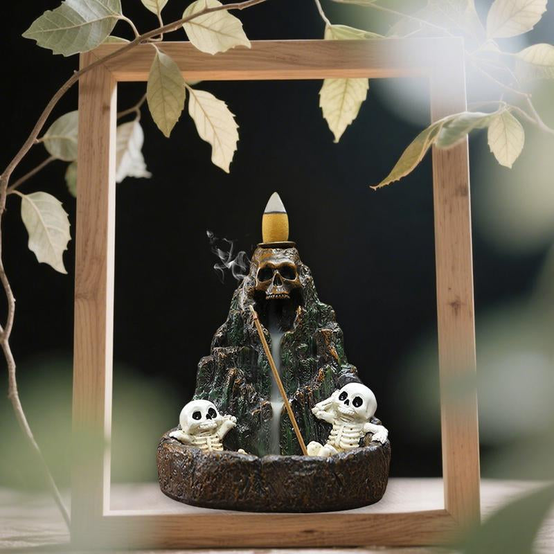 1Pc Skull Mountain Backflow Incense Burner, Includes Box of Incense Sticks and Backflow Incense Cones, Creative Home Decor for Halloween, Eye-Catching Decorative Piece