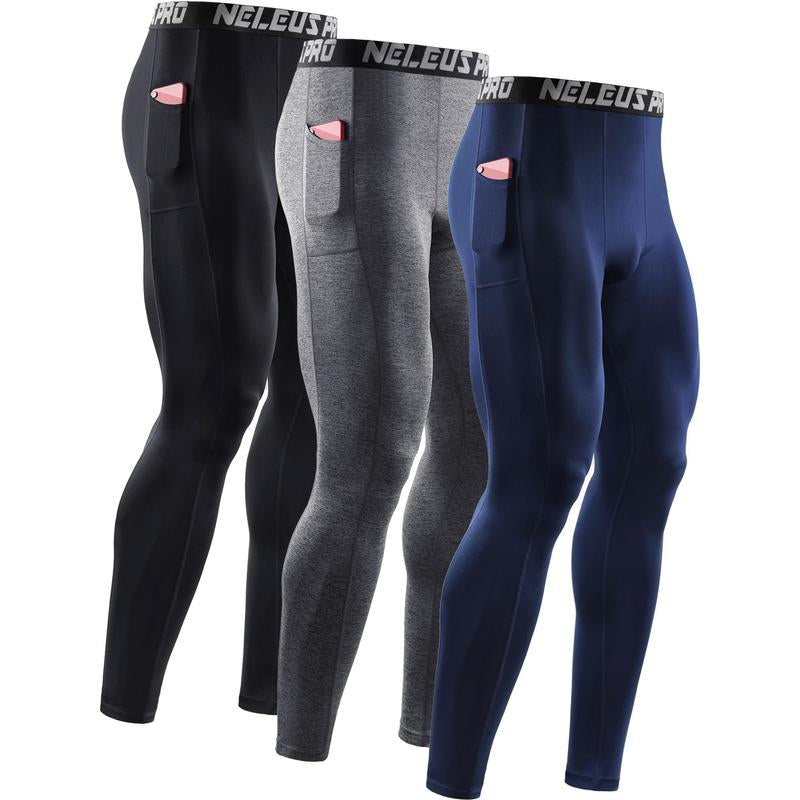 NELEUS Men'S Dry Fit Compression Baselayer Pants Running Tights Leggings with Phone Pocket