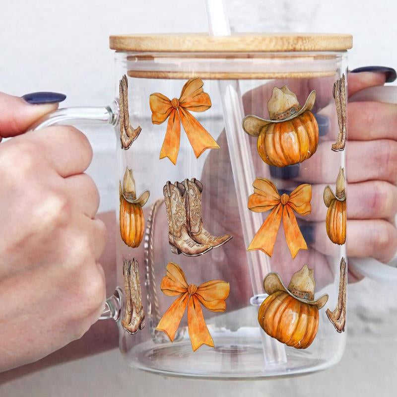 Sip-Sip Hooray! 17Oz Fall Glass Mug – Pumpkin Spice Aesthetic Cup with Lid & Straw, Falltok Iced Coffee Tumbler, Reusable & Portable Drinkware**