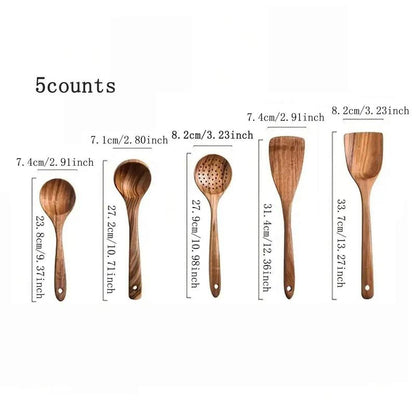 Kitchen Utensils Set，Kitchen 5-Piece Wooden Spoons for Cooking - Smooth Finish Teak Wooden Utensils for Cooking - Soft Comfort-Grip Wood Spoons for Cooking - Non-Stick Wooden Cooking Utensils - Wooden Spoon Sets