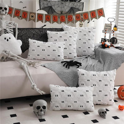 Set of 2- Halloween Pillow Covers 18X18 Inch White Ghost Throw Pillow Cases Soft Plush Faux Fur Wool Couch Cushion Case Bedroom Living Room Home Decor
