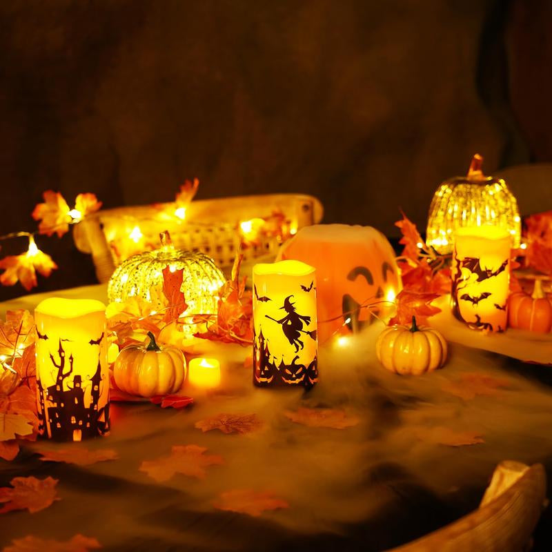 Halloween Candles, Orange Flameless Candles, Battery Operated LED Pillar Candles with Remote Timers for Halloween Decoration, Day of the Dead, Set of 3