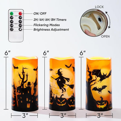 Halloween Candles, Orange Flameless Candles, Battery Operated LED Pillar Candles with Remote Timers for Halloween Decoration, Day of the Dead, Set of 3